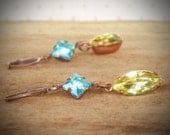 Sky Blue and Yellow Rhinestone Earrings, Marquis, Dangle, Copper, Pastel