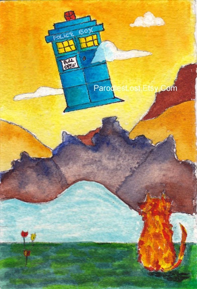 TARDIS Doctor Who Acrylic Cat Landscape Painting Science Fiction Geek Art