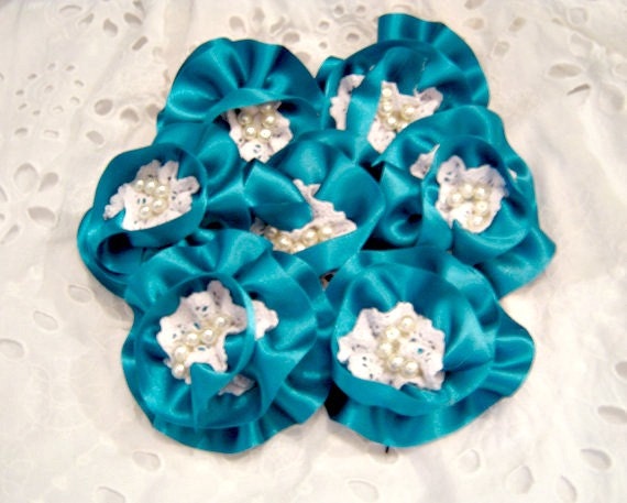 Flower Bobby Pins,Satin Flowers in Teal,Set of 7 Bridesmaids Hair Accessory Bridesmaids gifts