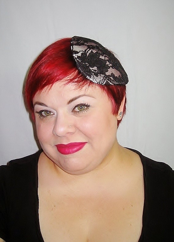 Justine A Beret Style Cocktail Hat of Black Lingerie Lace over Pink Satin