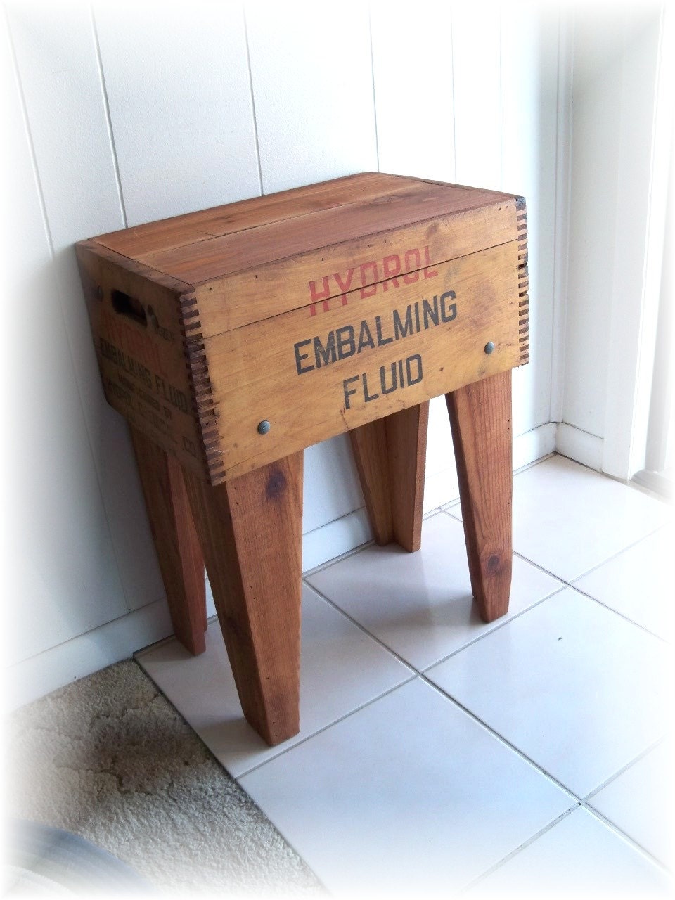 Embalming Fluid Shipping Crate Table vintage Hydrol advertising  Distressed UPcycled and Renewed