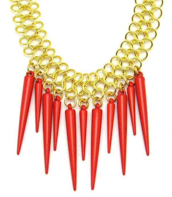 Punk Rock Necklace - Red Spike Jewelry - Funky Jewelry - High Fashion - Gold Chain Jewelry