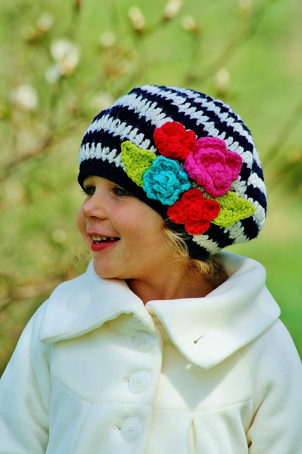 Toddler Girl Hat, Crochet, organic cotton, Beret-Navy, Off-White, Pink, Red, Handmade, Slouchy, Eco Friendly, Spring Celebrations