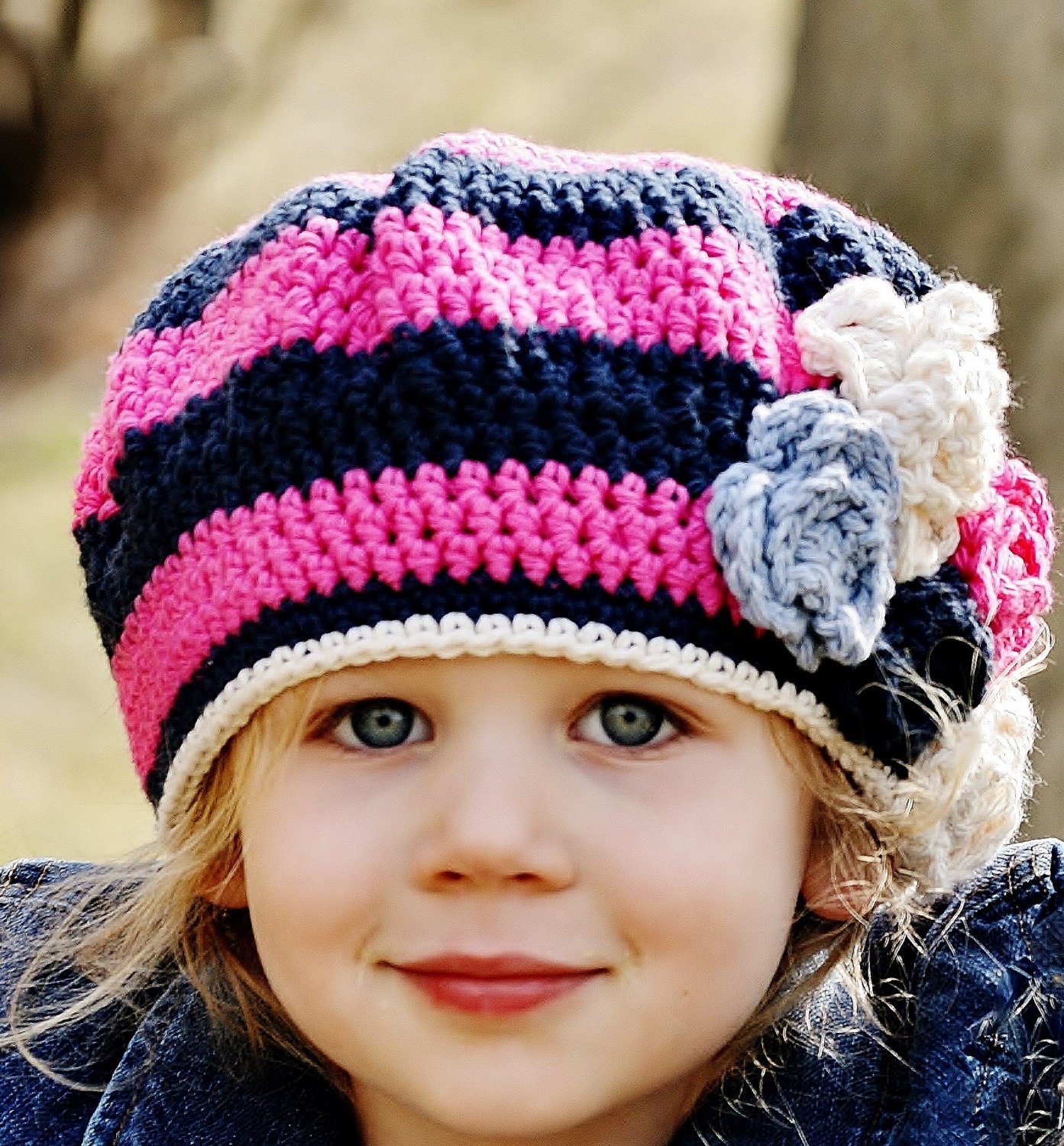 The Ruby Beret, Girls Crochet Hat, Slouchy hat, toddler, girls, handmade, pink, navy blue, cream, denim blue, beanie, spring, easter