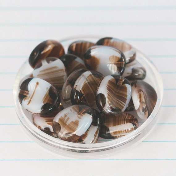 Czech Glass Twisted Flat Oval Beads - Brown Chocolate & White Milk Shake (11mm x 9mm) x 6