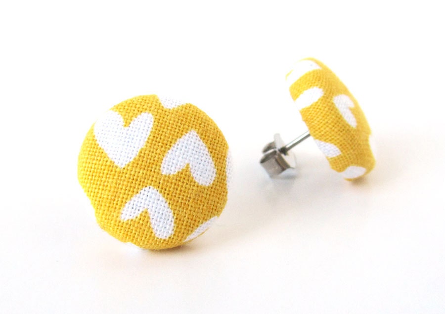 Mustard yellow stud earrings hearts bright funky spring sun