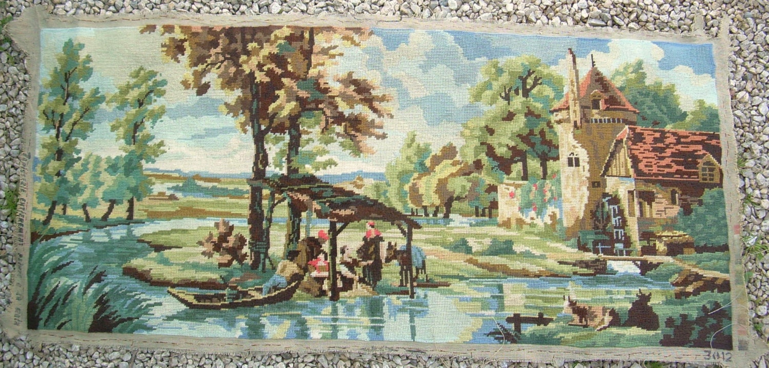 vintage needlepoint tapestry from France,wool, old house, river and people, soft colors