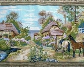 vintage needlepoint tapestry cross stitches, horses, flowers and country,Paris,  france