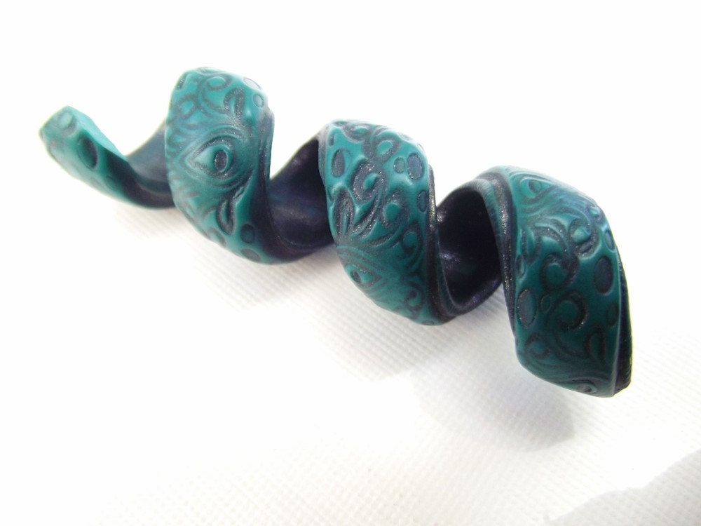 Teal Dreadlock Bead - Gypsy Paisley Dread Spiral - Teal and Charcoal Boho Dread Jewelry