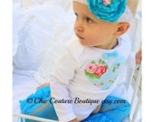 Baby Girl Easter Sunday Dress, Teal and Pink Rose Heart Onesie. Any Custom Size, Any Fabric.  Damask, Floral, Rose, Toile, Stripe, Polka Dot