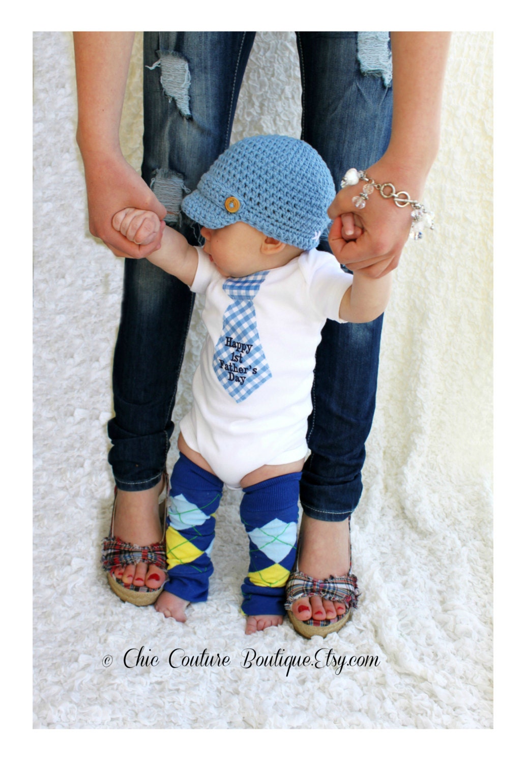Happy 1st Father's Day Baby Boy, Preppy Plaid Monogrammed or Personalized Tie Onesie & Leg Warmers SET. Plaid of Yellow, Blue, Red