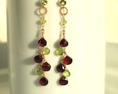 Long Dangle Earrings with Natural Garnet and Peridot in Gold