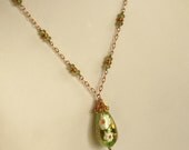 Venetian Glass Necklace with Peridot Green White and Yellow Teardrop Bead and Genuine Natural Peridot Beads in Gold Vermeil