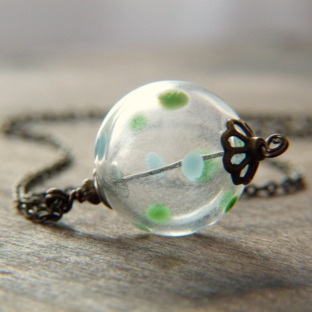 Hand Blown Glass Pendant Necklace - Polka Dots on Sphere Bauble