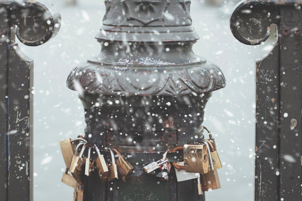 Paris Photography 8 x 12 Print. Paris, Vintage, Neutral, City of Light, Grey, Snow, Neige, Love Locks, Architecture, Paris Still Life