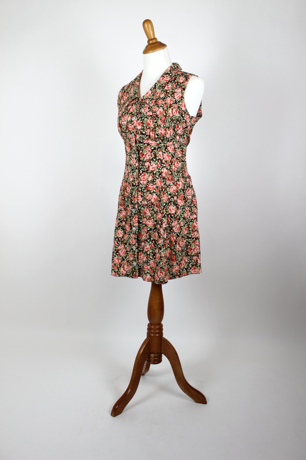 Vintage 1990's Dress - PInk and Green Floral Print Dress - Small