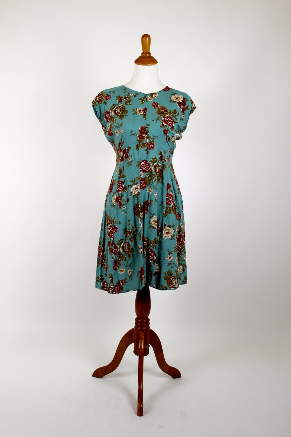 Vintage 1990's Dress - Baby Blue Dress with Cream and Red Floral Print - M