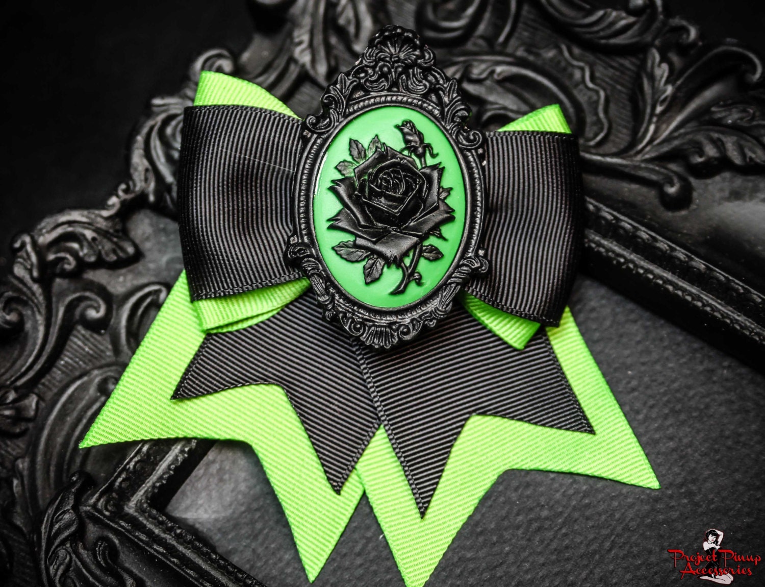 Black and Lime Green Rose Cameo Traditional Hair Bow Clip