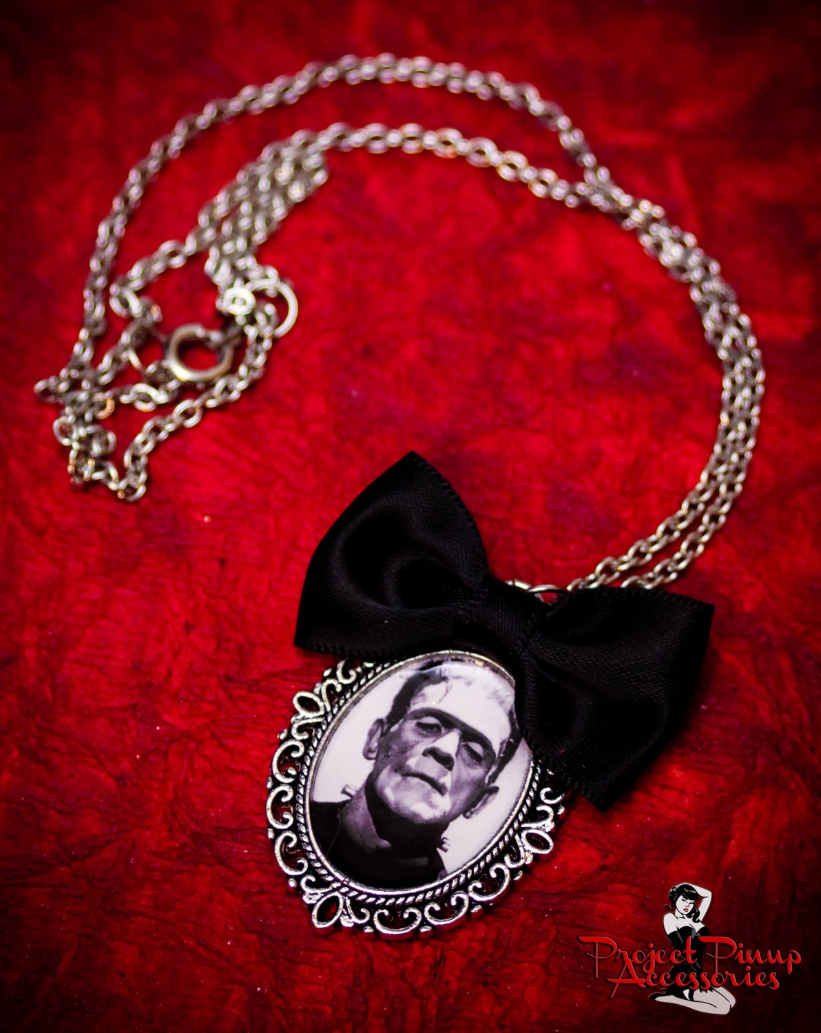 Frankenstein Cameo Necklace with 18" Chain and Bow