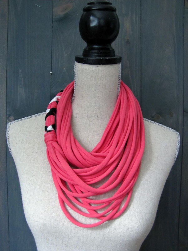 Bright Coral and Black & White Stripe Multistrand Cotton Jersey Summer Infinity Scarf