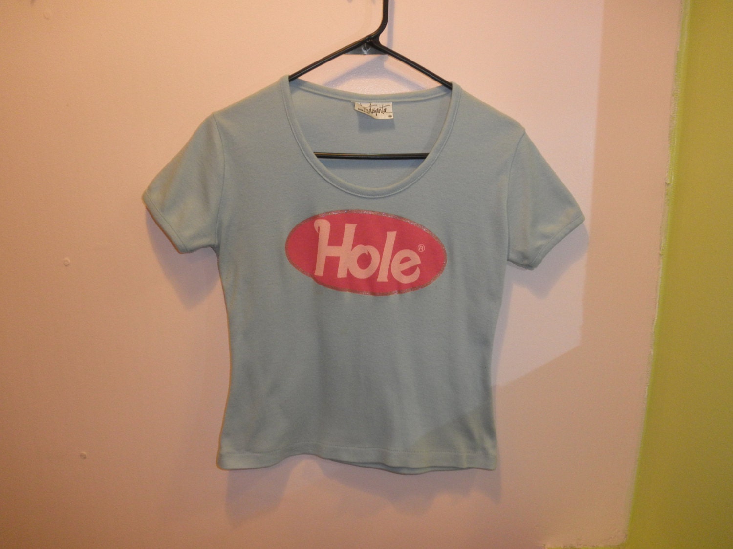 90s Baby Blue Hole Crop Baby T Shirt with Glitter Pink Logo Courtney Love