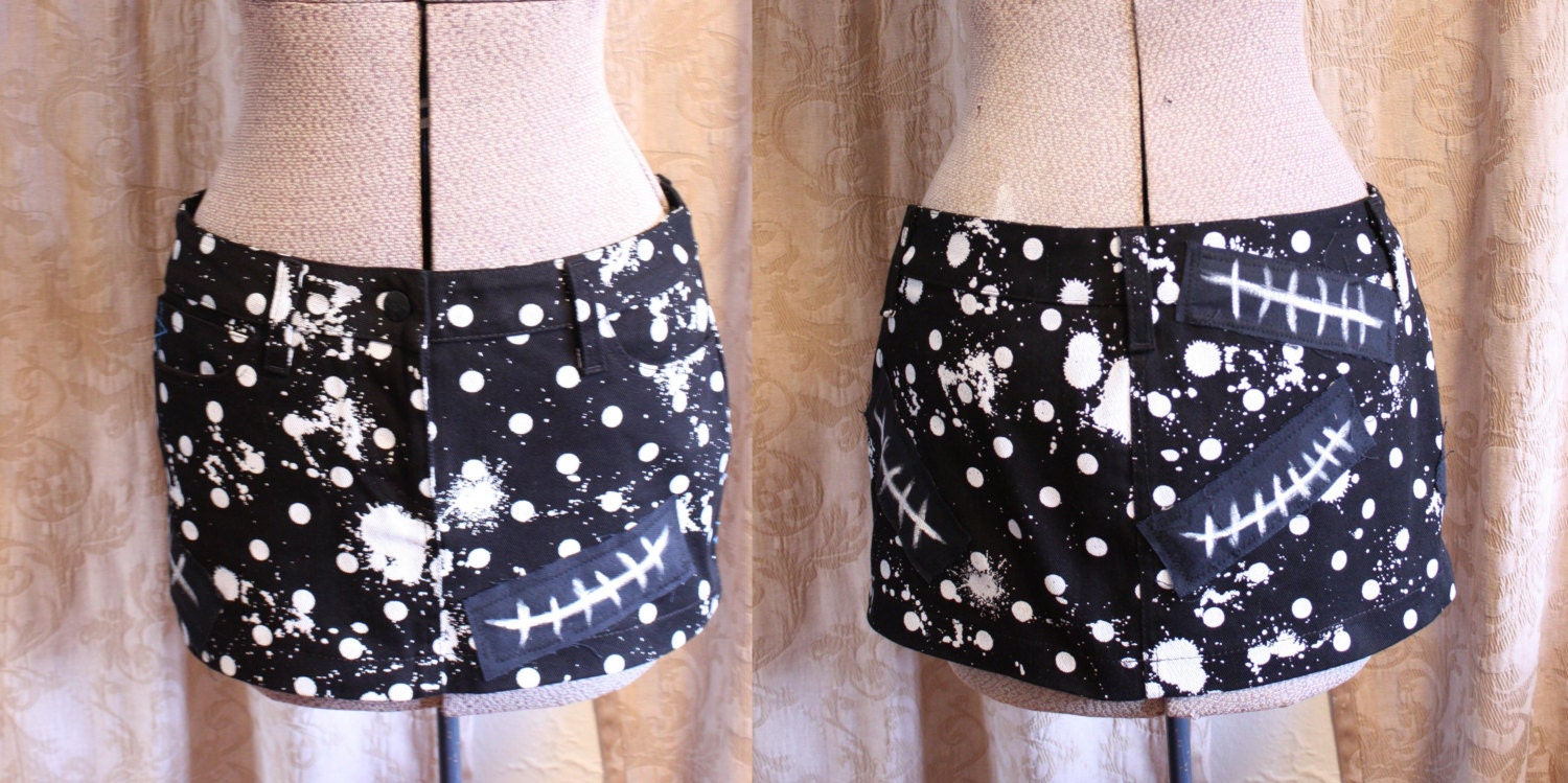 DIY Upcycled Splattered and Stitched Mini Skirt Patches Deathrock Goth