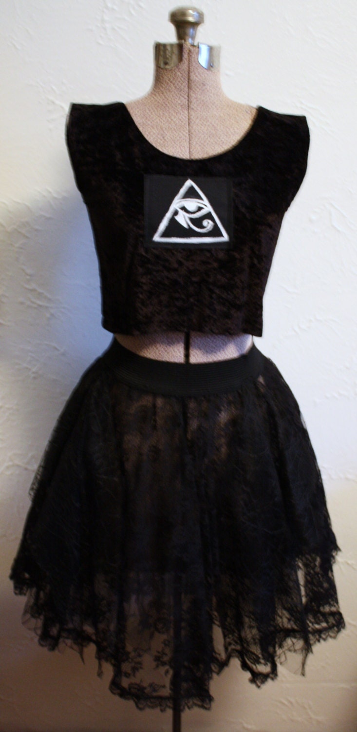 Pixie Goth black Tulle Lace and Spider Web Fabric Deathrock Skirt