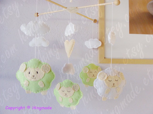 Lambie Mobile - Sheep Mobile - Baby Mobile - Baby Shower gift - Green and White Sweet Sleepy Sheep Farm Mobile(Custom order available)