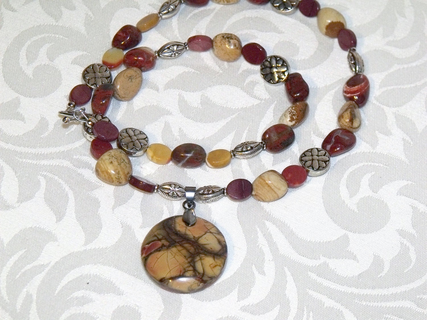 Semiprecious Stone Necklace - Yellow Red Mookaite Jasper - cabochon gemstone pendant