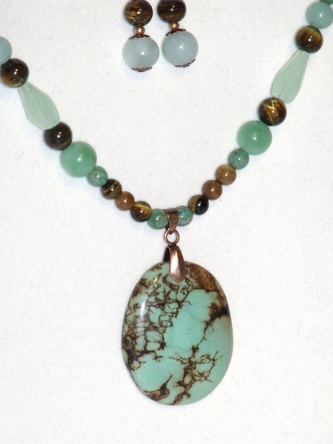 Turquoise Pendant Necklace and Bead Earrings - gemstones amazonite tigers eye