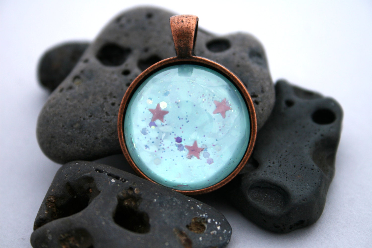 Pale Tiffany Blue and Pink Stars Pendant - Night at the Carnival Carousel - Glitter Jewelry - Nail Polish Jewelry Style Hand Painted