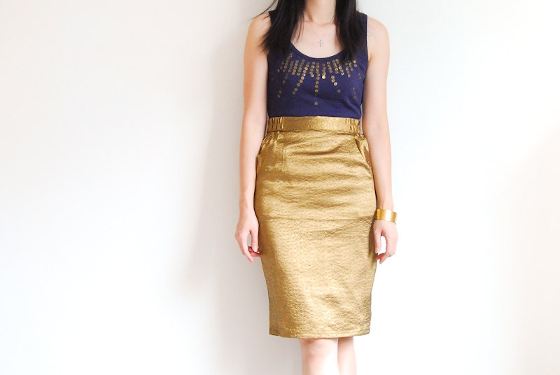 Vintage Mermaid Glam Golden Pencil Skirt