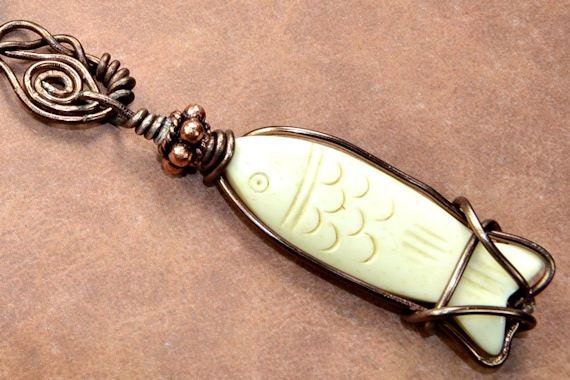 Man's Necklace Blue Lapis, Black Coral and Copper  Wire Wrapped Fish Pendant