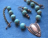 Turquoise and Copper Necklace with Copper Pendant - Matching Earrings