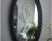 Vintage Black Hollywood Regency Mirror Vanity French Country Long Oval