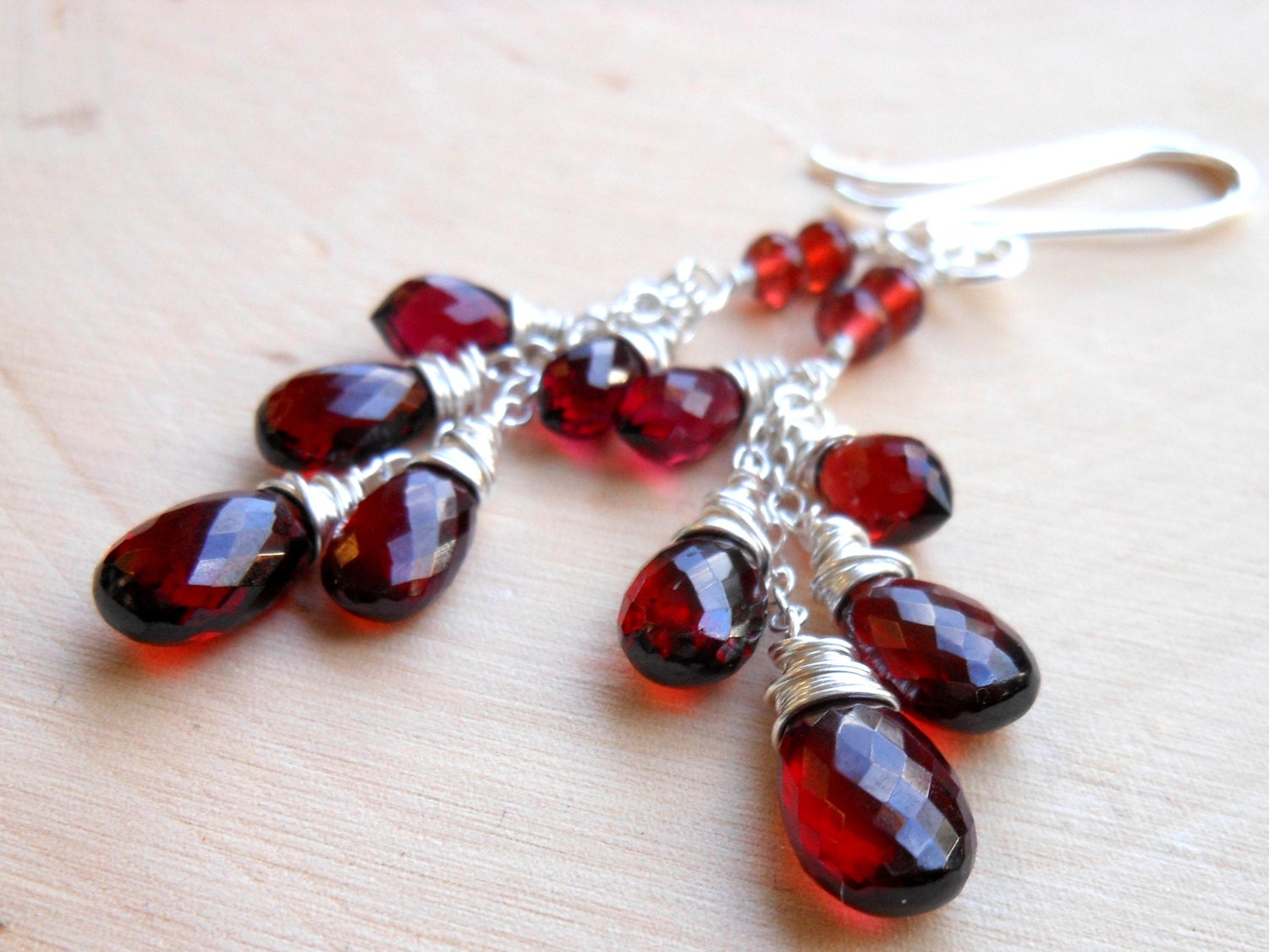 Garnet Cascade Earrings, Romantic Long Dangling Red Gemstone Earrings Sterling Silver Gemstone Jewelry