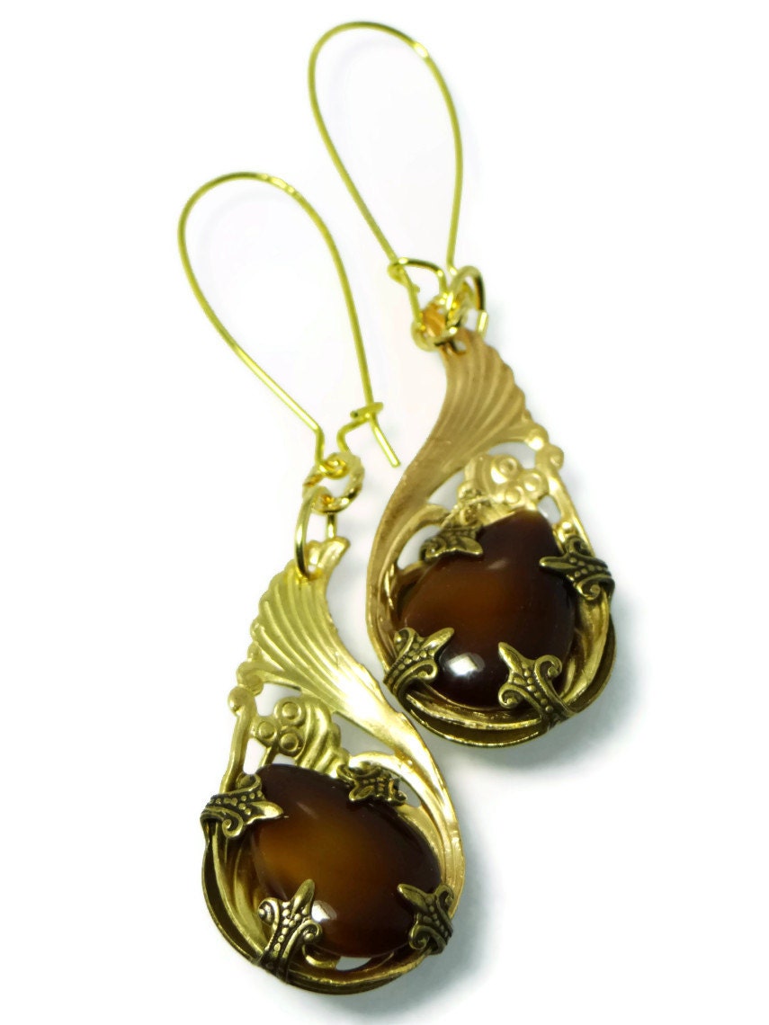 Gold Brass Filigree Earrings Drops of Jupiter Pierced Earrings with tear drops of Chocolate Brown Czech Glass by Dr Brassy Steampunk