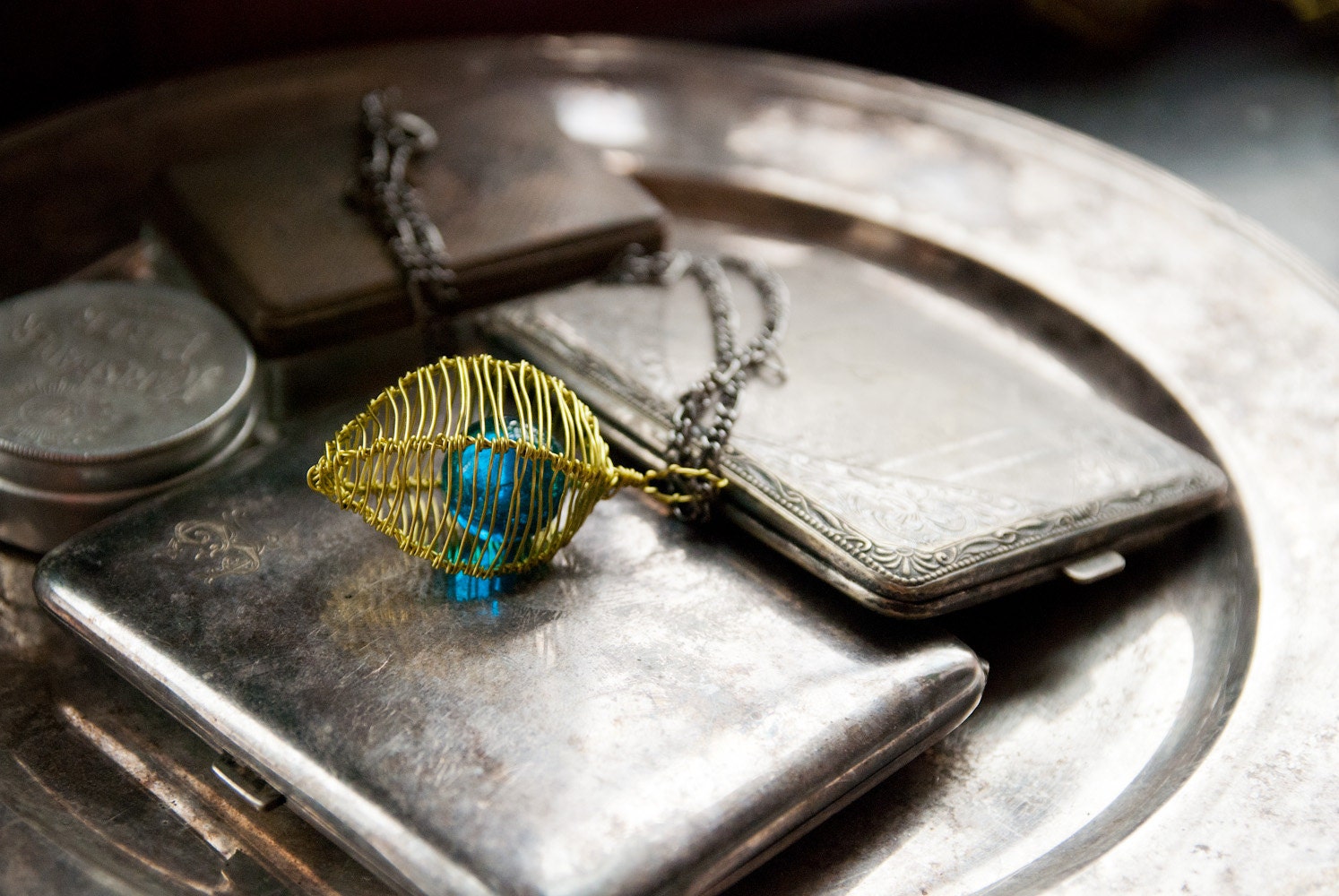 Cage Necklace Pendant in Lime Green And Aqua Blue