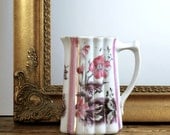 Antique Porcelain Milk Pitcher Jug Pink Stripe Florals Vase Decor Collectible