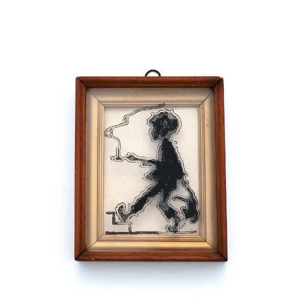 Vintage Framed Silhouette on Glass Boy With Candlestick and Teddy Bear on Stairs Nursery Decor