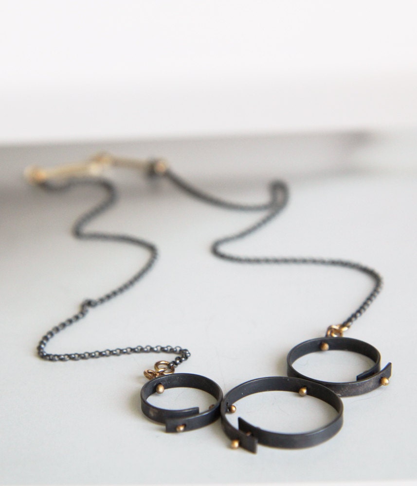 14K gold and sterling silver statement necklace - unique sculptural art pendant - three circles with pins - handmade by lolide