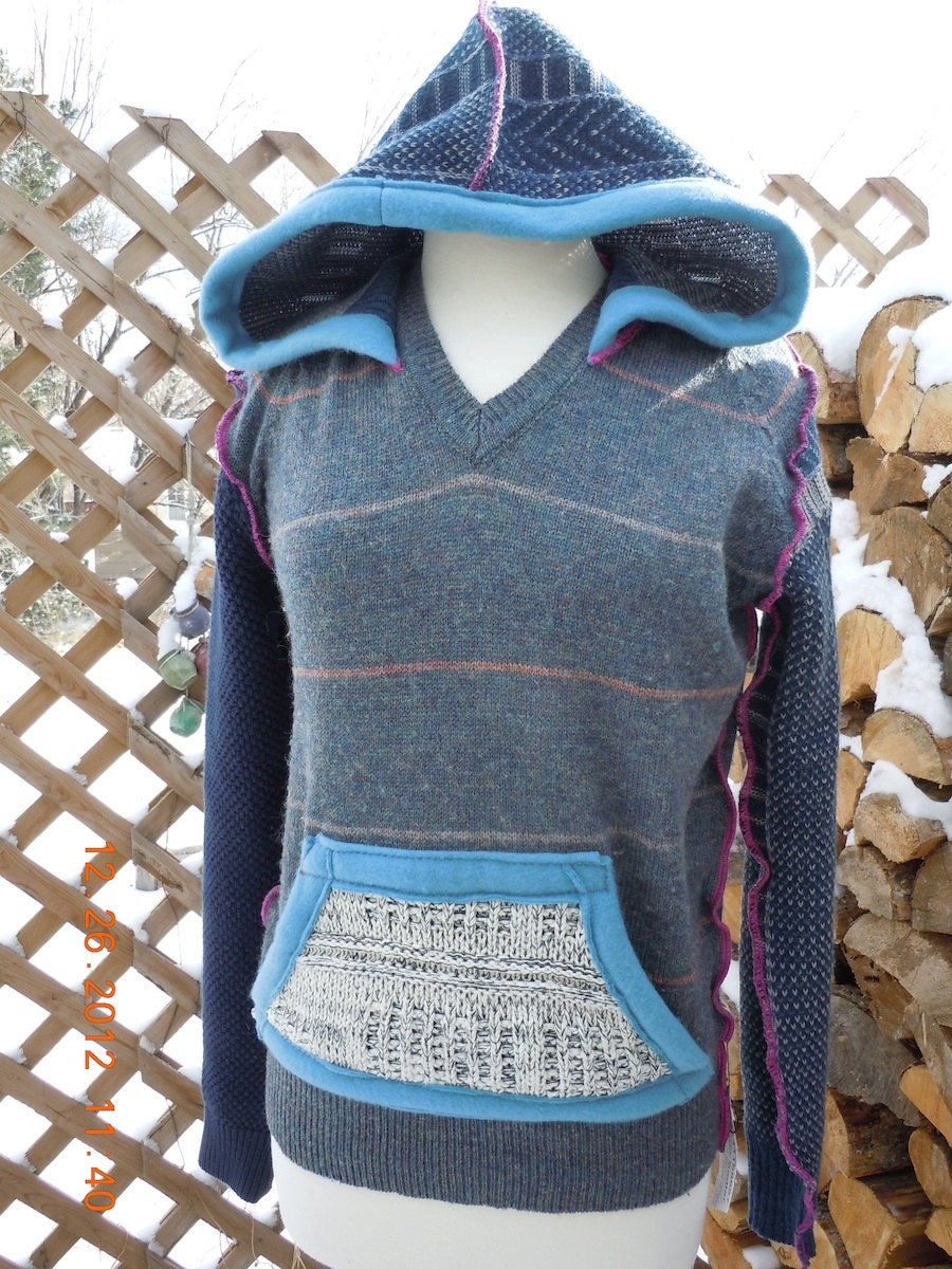 Upcycled V-neck Sweater HOoDiE in blues with fleece, fuchsia exposed seams, no. 152