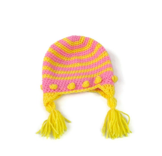 Premature baby hat crochet preemie ear flap hat tiny pink and yellow sugar candy striped viking style hat