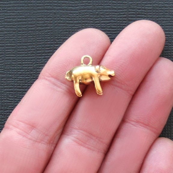 6 Pig Charms Antique Tibetan Gold Tone 3D Beyond Cute - GC133