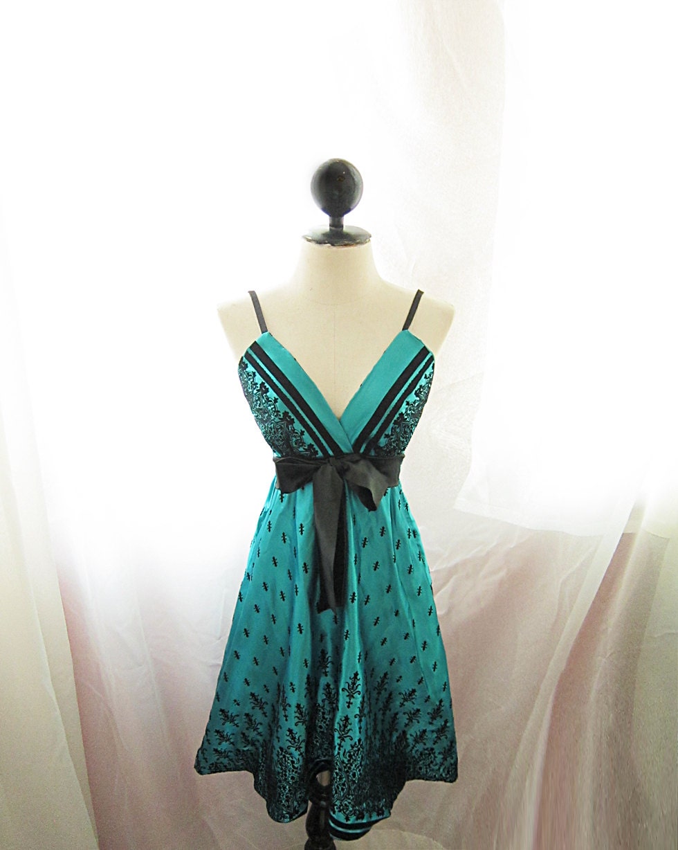 Damask Marie Antoinette Breakfast at Tiffanys Minty Green Turquoise Seafoam Blue Velvet Burnout Satin Alice in Wonderland Cocktail Dress