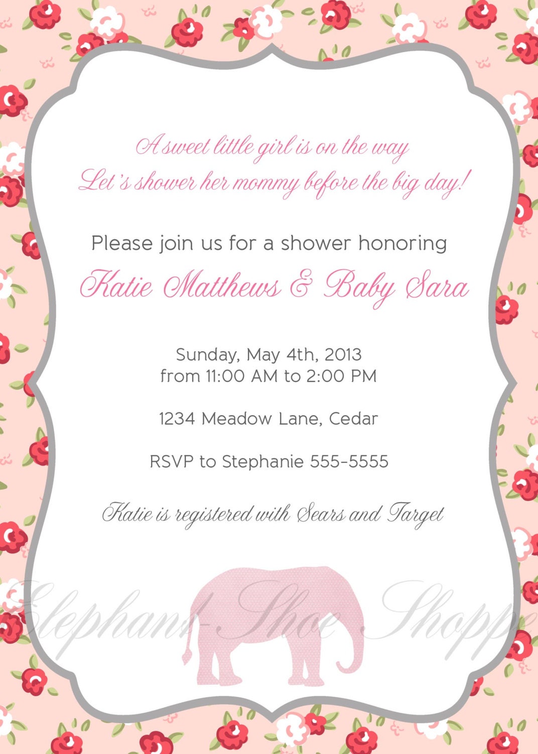 Little Pink Elephant Baby Shower Invitation - Digital file pdf - 5x7