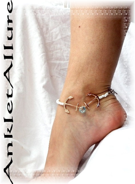 Sailing Buddies Rose Gold Anchor Charm Anklet Nautical Sailor Ocean Blue Crystal Ankle Bracelet