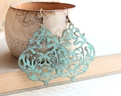 Large Patina Earrings, Filigree Dangle Earrings, Large Drop Lacy Blue Aqua, Verdigris, Turquoise, Rustic, Patina Jewelry, Boho Chic
