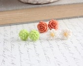 Rose Earrings, Stud Earrings, White Daisy, Post Earrings, Bright lime Green, Flower Jewelry, Coral Peach Rose, Shabby Chic Jewelry
