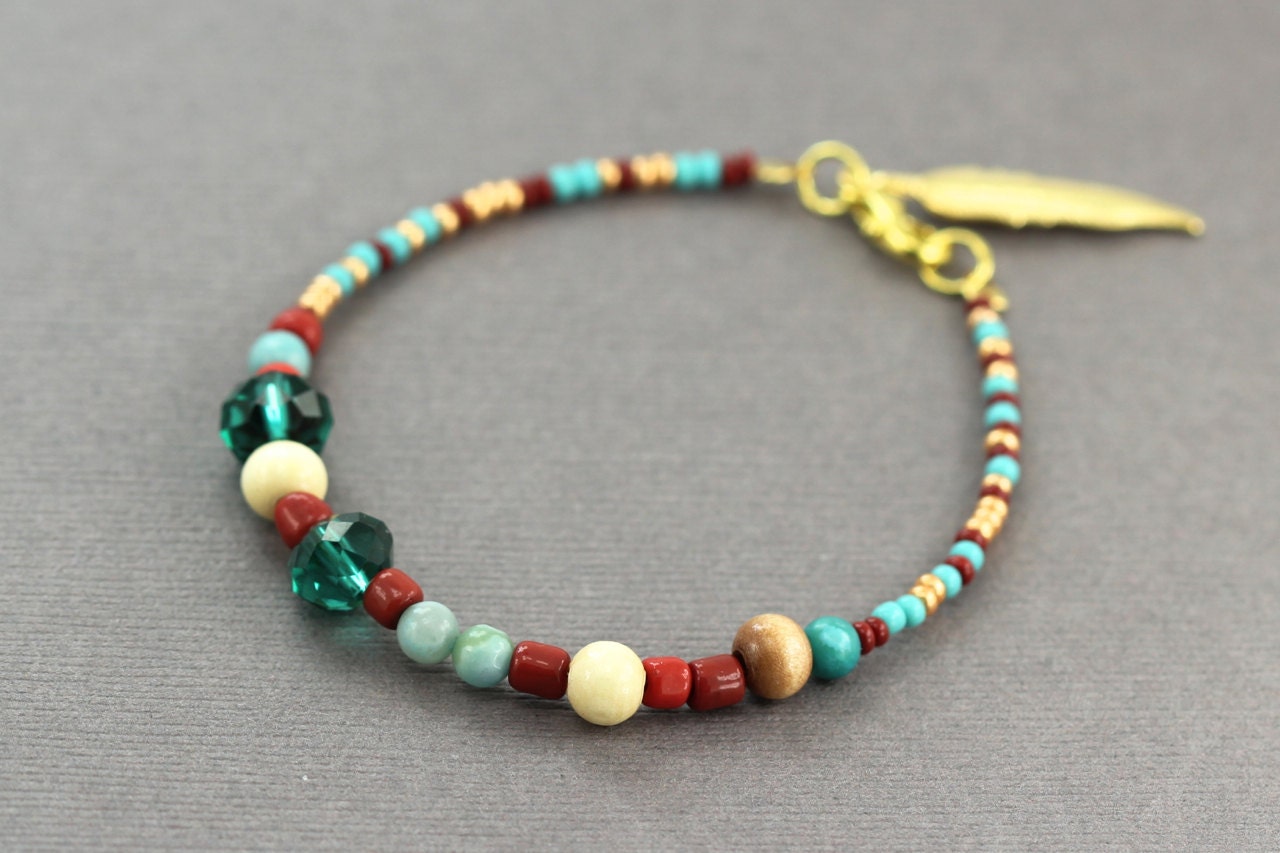 Beaded Bracelet : Teal, Red, Gold and Wood Beaded Bracelet, Feather Accent, Seed Bead, Tribal Inspired, Bohemian, Artisan Tree